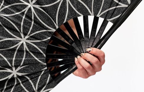 Large Glitter Flower of Life Folding Clack Hand Fan with HOLSTER for Women/Men Rave, EDM, Festival, Drag, Clubs, Bachelorette Parties (Black/Gold Glitter) in Kuwait