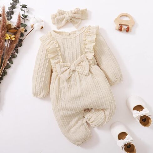 Happy Town Baby Girl Romper ملابس الخريف والشتاء للأطفال الرضع سترة مكشكشة بأكمام طويلة بذلة وعصابة رأس (بيج، حديثي الولادة) in Kuwait