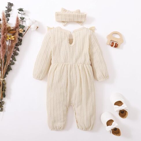 Happy Town Baby Girl Romper ملابس الخريف والشتاء للأطفال الرضع سترة مكشكشة بأكمام طويلة بذلة وعصابة رأس (بيج، حديثي الولادة) in Kuwait