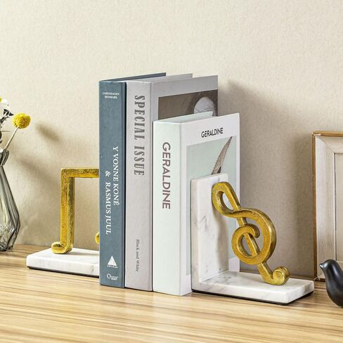 MyGift Tabletop Decorative Bookends, Elegant Brown Resin L-Shaped Desktop Book End Holders with Sculpted Musical Notes, 2 Piece Set in Saudi Arabia