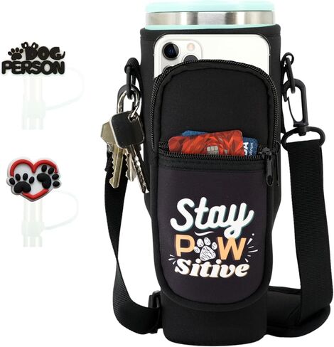 Water Bottle Carrier Bag with Phone Pocket and Strap for Stanley 40oz, Water Bottle Holder with Strap and Accessories, Straw Cover, Birthday Gift for Dog Lover, Dog mom, Dog dad- Stay Pawsitive Black in Saudi Arabia