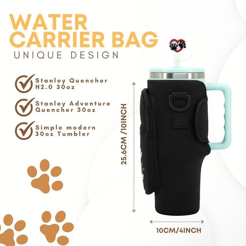 Water Bottle Carrier Bag with Phone Pocket and Strap for Stanley 40oz, Water Bottle Holder with Strap and Accessories, Straw Cover, Birthday Gift for Dog Lover, Dog mom, Dog dad- Stay Pawsitive Black in Saudi Arabia