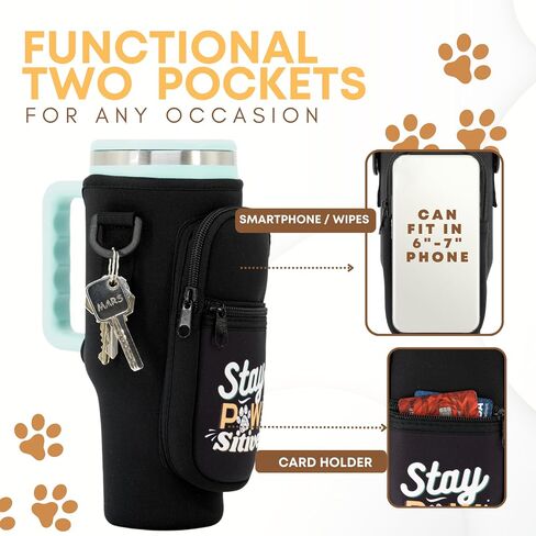 Water Bottle Carrier Bag with Phone Pocket and Strap for Stanley 40oz, Water Bottle Holder with Strap and Accessories, Straw Cover, Birthday Gift for Dog Lover, Dog mom, Dog dad- Stay Pawsitive Black in Saudi Arabia
