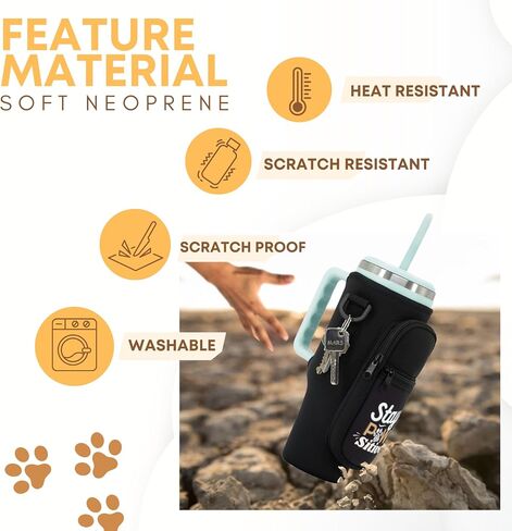 Water Bottle Carrier Bag with Phone Pocket and Strap for Stanley 40oz, Water Bottle Holder with Strap and Accessories, Straw Cover, Birthday Gift for Dog Lover, Dog mom, Dog dad- Stay Pawsitive Black in Saudi Arabia