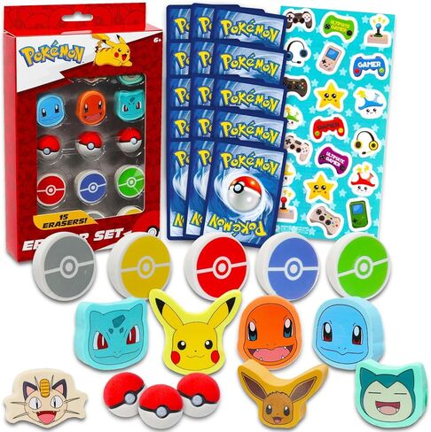 Pokemon Party Favor Set - Bundle with 15 Erasers Featuring Pokeball, Charmander, Bulbasaur, More Plus Trading Cards, Stickers | Pokemon Party Supplies Kit for Kids, Boys, Girls in Saudi Arabia