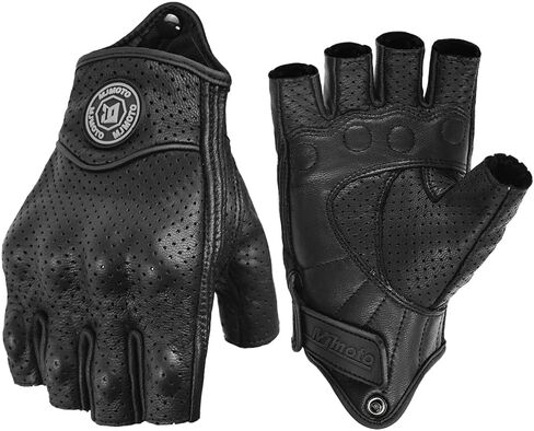 Classic Vintage Perforation Leather Motorcycle Gloves Half Finger Protected Moto Motocross Racing Glove Fingerless Summer Black in Saudi Arabia