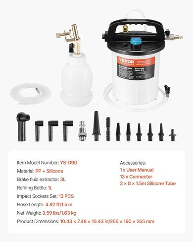 VEVOR Brake Bleeder Kit, 3L Brake Fluid Extractor with 1L Siphon Refilling Bottle & 13 Hose Connectors, Complete Brake Fluid Bleeder Kit with Extended Silicone Hose & Handle, Fit for Most Vehicles in Saudi Arabia