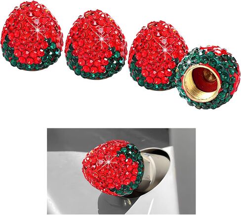 4 PCS Strawberry Car Tire Valve Stem Caps, Bling Attractive Dustproof Wheel Tire Valve Covers, Handmade Crystal Rhinestone Stem Air Caps for Car SUV Truck Bike Motorcycle (Red) in Saudi Arabia