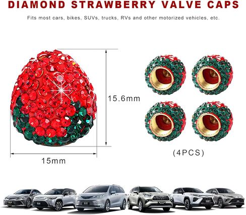 4 PCS Strawberry Car Tire Valve Stem Caps, Bling Attractive Dustproof Wheel Tire Valve Covers, Handmade Crystal Rhinestone Stem Air Caps for Car SUV Truck Bike Motorcycle (Red) in Saudi Arabia