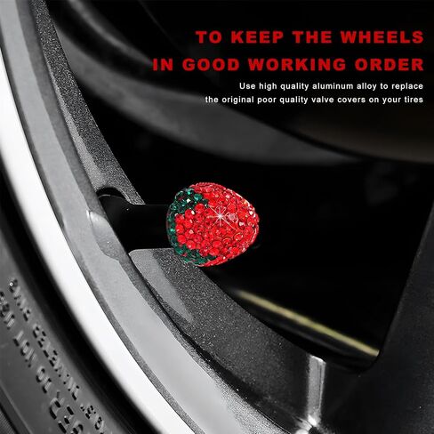 4 PCS Strawberry Car Tire Valve Stem Caps, Bling Attractive Dustproof Wheel Tire Valve Covers, Handmade Crystal Rhinestone Stem Air Caps for Car SUV Truck Bike Motorcycle (Red) in Saudi Arabia