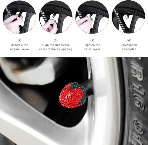 4 PCS Strawberry Car Tire Valve Stem Caps, Bling Attractive Dustproof Wheel Tire Valve Covers, Handmade Crystal Rhinestone Stem Air Caps for Car SUV Truck Bike Motorcycle (Red) in Saudi Arabia