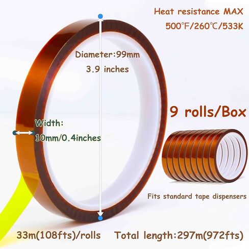 Valley'sYuMiao 9Rolls×10mm×108fts, Heat Tape for Sublimation, Heat Transfer Tape, Heat Resistant Tape, No Residue, Polyimide, Total Length 972fts, Max 260℃ in Saudi Arabia