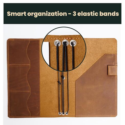 Leather Journal Cover A5 – Full Grain Handmade Notebook Cover with Card Slots, Pen Loop & Elastic Bands – Refillable Field Notes Planner for Work, Study & Travel, Premium Leather Gift Non-Custom in Saudi Arabia