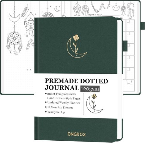 Premade Bullet Style Notebook with Hand-Drawn Pages, Dotted Journal with Unique Pre-Made Bullet Templates, Undated Planner with Weekly Spreads & Monthly Themes, 12 Months, A5 Linen Hardcover in Saudi Arabia