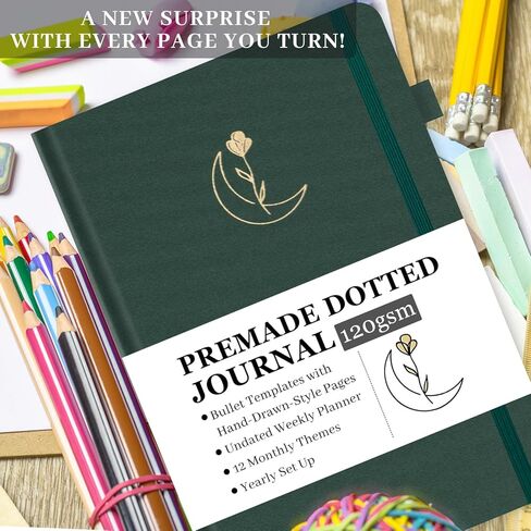 Premade Bullet Style Notebook with Hand-Drawn Pages, Dotted Journal with Unique Pre-Made Bullet Templates, Undated Planner with Weekly Spreads & Monthly Themes, 12 Months, A5 Linen Hardcover in Saudi Arabia
