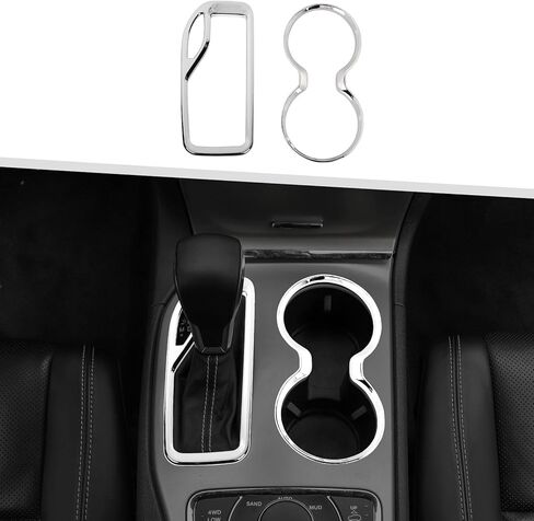 Jimen Fit for Jeep Grand Cherokee 2016-2021, 2PCS Front Cup Holder Trim Overlay & Gear Shift Cover (Chrome) in Saudi Arabia