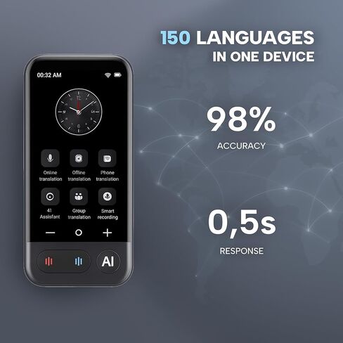 جهاز مترجم اللغات AI Premium 2026 | 150 لغة | ترجمة صوتية وصورية عبر الإنترنت وغير متصل | دقة فائقة السرعة 0.5 ثانية | شاشة لمس عالية الدقة مقاس 4 بوصات | تسجيل ذكي | مترجم للسفر والأعمال in Kuwait