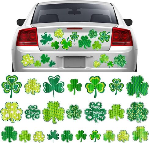 24Pcs St. Patrick's Day Reflective Car Magnets Green Shamrock Magnetic Stickers Clover Garage Magnet Decals for Irish Holiday Decor (Not for Aluminum Alloy Vehicle) in Kuwait