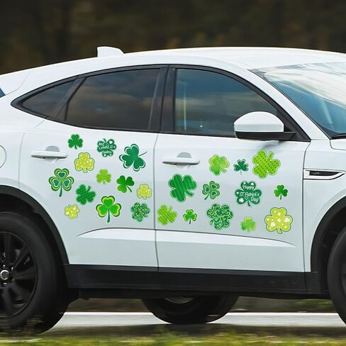 24Pcs St. Patrick's Day Reflective Car Magnets Green Shamrock Magnetic Stickers Clover Garage Magnet Decals for Irish Holiday Decor (Not for Aluminum Alloy Vehicle) in Kuwait