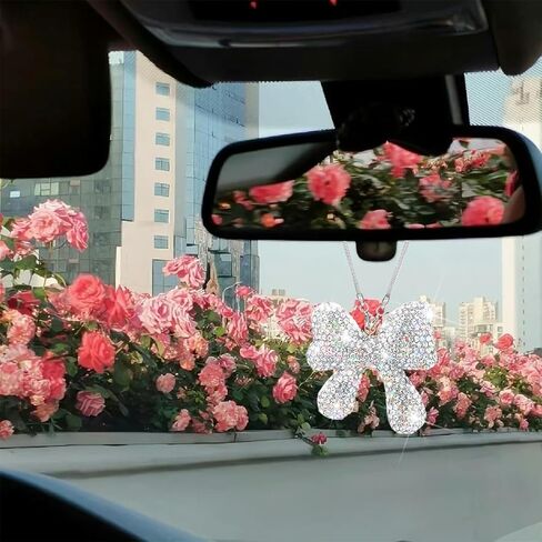 بلينغ سيارة مرآة الرؤية الخلفية شنقا زخرفة، كريستال حجر الراين لطيف القوس مركبة مرآة الرؤية الخلفية قلادة للنساء فتاة، اكسسوارات الديكور الداخلي السيارات، صالح العالمي (الوردي) in Saudi Arabia