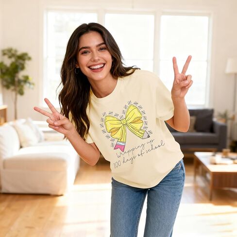MYHALF 100 Days of School Shirt Women Happy 100th Day of School Shirts Teacher T-Shirt Graphic Tees in Kuwait