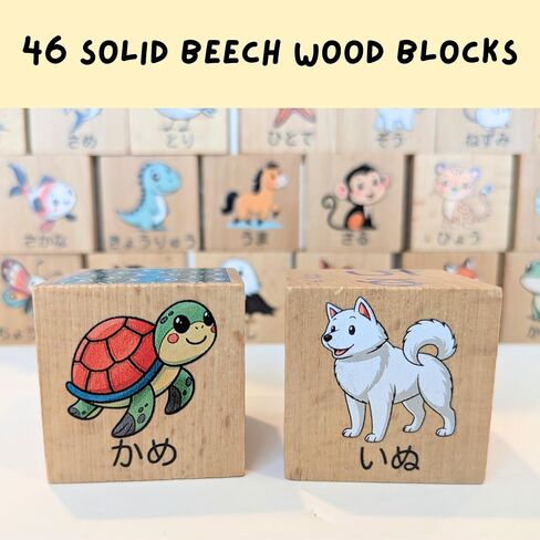 Japanese Wooden Block Set (46 pcs) for Toddlers and Kids, Hiragana Alphabet, Katakana, Kanji, Animals, Numbers, Foods, Colors, and, Shapes in Saudi Arabia