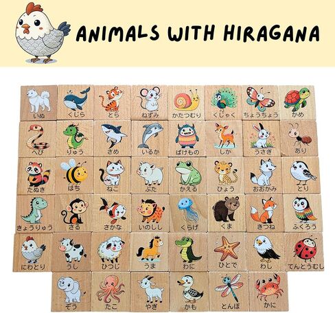 Japanese Wooden Block Set (46 pcs) for Toddlers and Kids, Hiragana Alphabet, Katakana, Kanji, Animals, Numbers, Foods, Colors, and, Shapes in Saudi Arabia