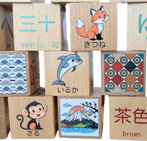 Japanese Wooden Block Set (46 pcs) for Toddlers and Kids, Hiragana Alphabet, Katakana, Kanji, Animals, Numbers, Foods, Colors, and, Shapes in Saudi Arabia