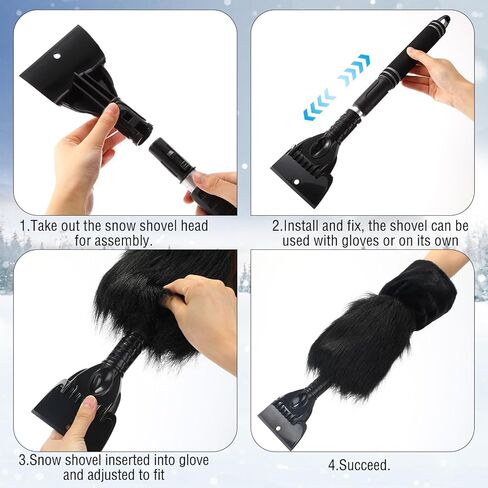 Geyoga 2 Pcs Ice Scraper Retractable with Glove Set Faux Fur Car Windshield Scraper Mitt Retractable Snow Remover Quickly Ice for Removing Snow Glove Set for Keeping Warm (Grey) in Kuwait
