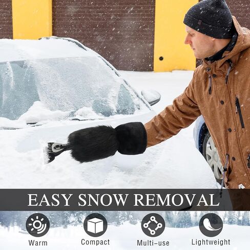 Geyoga 2 Pcs Ice Scraper Retractable with Glove Set Faux Fur Car Windshield Scraper Mitt Retractable Snow Remover Quickly Ice for Removing Snow Glove Set for Keeping Warm (Grey) in Kuwait