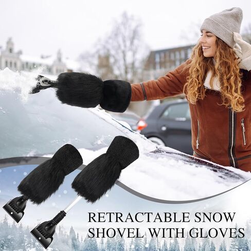 Geyoga 2 Pcs Ice Scraper Retractable with Glove Set Faux Fur Car Windshield Scraper Mitt Retractable Snow Remover Quickly Ice for Removing Snow Glove Set for Keeping Warm (Grey) in Kuwait