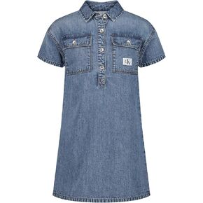 فستان قميص دينم بأكمام قصيرة للفتيات من Calvin Klein، ألوان شامبراي ودينم داكن، حاشية مكشكشة/فحمي، 16 in Kuwait