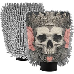 قفاز غسيل السيارات بطبعة جمجمة قوطية من AIXIWAWA قفاز غسيل مقاوم للخدش وماص للماء 2 عبوة كبيرة in Kuwait