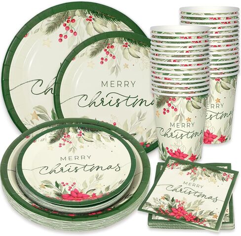 Whaline 24 Sets Christmas Holly Paper Plates Cups Napkins Party Decorations Poinsettia Mistletoe Disposable Plates Merry Christmas Tableware Set for Xmas Winter Holiday Wedding Birthday Party in Saudi Arabia