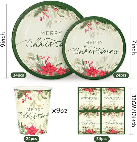Whaline 24 Sets Christmas Holly Paper Plates Cups Napkins Party Decorations Poinsettia Mistletoe Disposable Plates Merry Christmas Tableware Set for Xmas Winter Holiday Wedding Birthday Party in Saudi Arabia