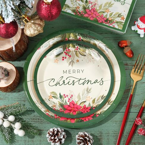 Whaline 24 Sets Christmas Holly Paper Plates Cups Napkins Party Decorations Poinsettia Mistletoe Disposable Plates Merry Christmas Tableware Set for Xmas Winter Holiday Wedding Birthday Party in Saudi Arabia