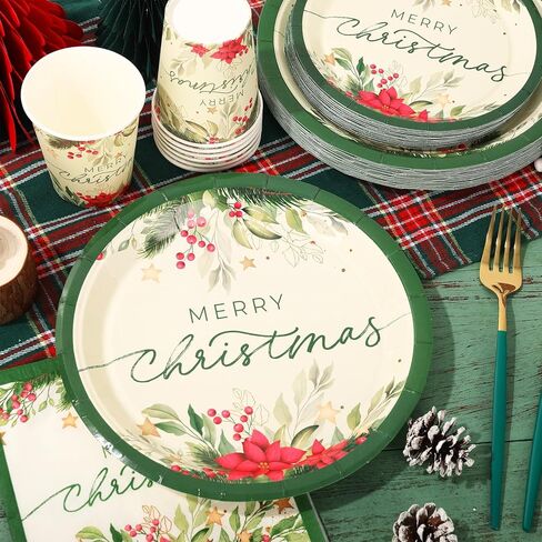 Whaline 24 Sets Christmas Holly Paper Plates Cups Napkins Party Decorations Poinsettia Mistletoe Disposable Plates Merry Christmas Tableware Set for Xmas Winter Holiday Wedding Birthday Party in Saudi Arabia