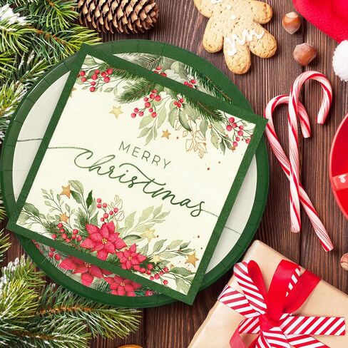 Whaline 24 Sets Christmas Holly Paper Plates Cups Napkins Party Decorations Poinsettia Mistletoe Disposable Plates Merry Christmas Tableware Set for Xmas Winter Holiday Wedding Birthday Party in Saudi Arabia