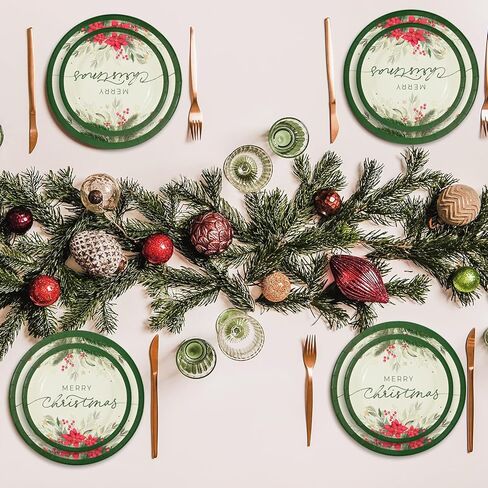 Whaline 24 Sets Christmas Holly Paper Plates Cups Napkins Party Decorations Poinsettia Mistletoe Disposable Plates Merry Christmas Tableware Set for Xmas Winter Holiday Wedding Birthday Party in Saudi Arabia