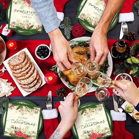 Whaline 24 Sets Christmas Holly Paper Plates Cups Napkins Party Decorations Poinsettia Mistletoe Disposable Plates Merry Christmas Tableware Set for Xmas Winter Holiday Wedding Birthday Party in Saudi Arabia
