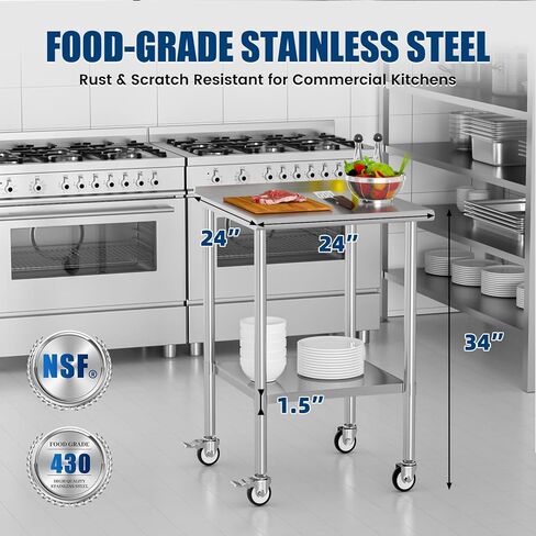 Stainless Steel Table with Wheels 30 x 30 Inches Metal Food Prep Worktable with Backsplash & Adjustable Undershelf for Kitchen, Outdoor, Restaurant, Bar & Garage in Kuwait