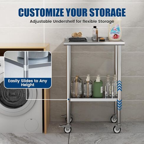 Stainless Steel Table with Wheels 30 x 30 Inches Metal Food Prep Worktable with Backsplash & Adjustable Undershelf for Kitchen, Outdoor, Restaurant, Bar & Garage in Kuwait