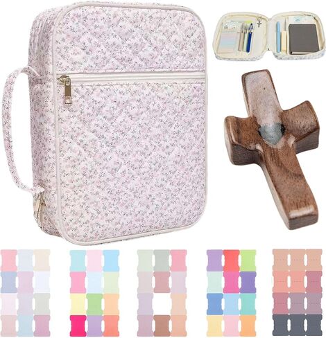 Floral Bible Covers for Women with Handle and Zipper Pocket, Fabric Quilted Bible Case, Fits Large Study Bibles, Travel Bag, Prayer Journal Organizer, Christian Gift for Study (Pink Flowers, Large) in Saudi Arabia