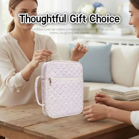 Floral Bible Covers for Women with Handle and Zipper Pocket, Fabric Quilted Bible Case, Fits Large Study Bibles, Travel Bag, Prayer Journal Organizer, Christian Gift for Study (Pink Flowers, Large) in Saudi Arabia
