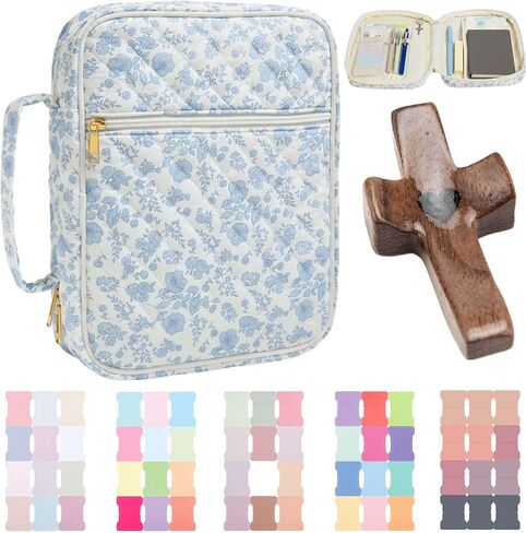 Floral Bible Covers for Women with Handle and Zipper Pocket, Fabric Quilted Bible Case, Fits Large Study Bibles, Travel Bag, Prayer Journal Organizer, Christian Gift for Study (Pink Flowers, Large) in Kuwait