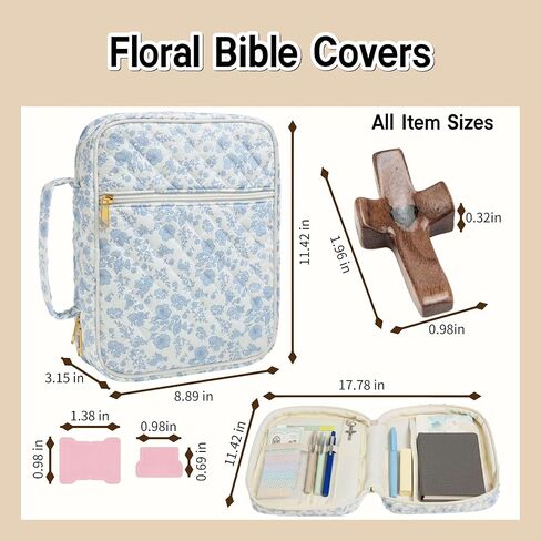 Floral Bible Covers for Women with Handle and Zipper Pocket, Fabric Quilted Bible Case, Fits Large Study Bibles, Travel Bag, Prayer Journal Organizer, Christian Gift for Study (Pink Flowers, Large) in Kuwait