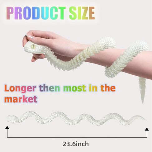 Rainbow 3D Printed Snake - 24" Extra Long Glow in The Dark Flexible Snake 3D Printed Animals Gift, Articulated Snakes Toys for Birthday, Home Decor,Sensory Toys (White+Rainbow Glowing) in Saudi Arabia