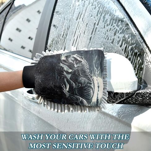 AIXIWAWA Car Wash Mitt Washing Glove Dark Dinosaur Print Scratch Free Water Absorbent 2 Pack Large in Saudi Arabia