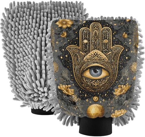 قفاز غسيل السيارات من AIXIWAWA Golden Hamsa مطبوع يدويًا، قفاز غسيل خالٍ من الخدوش وماص للماء، عبوة من قطعتين متوسطة الحجم in Saudi Arabia