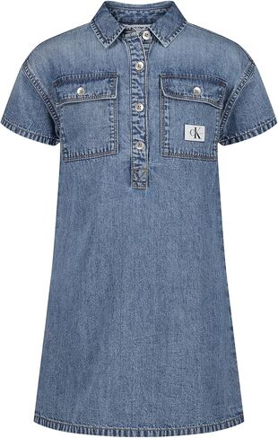 فستان قميص دينم بأكمام قصيرة للفتيات من Calvin Klein، ألوان شامبراي ودينم داكن، حاشية مكشكشة/فحمي، 16 in Kuwait